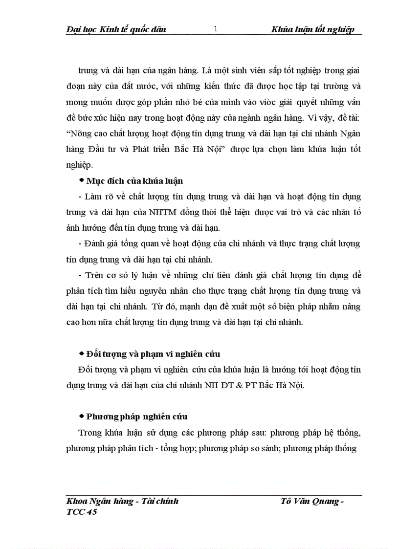 Nâng cao chất lượng hoạt động tín dụng trung và dài hạn tại chi nhánh Ngân hàng Đầu tư và Phát triển Bắc Hà Nội 1
