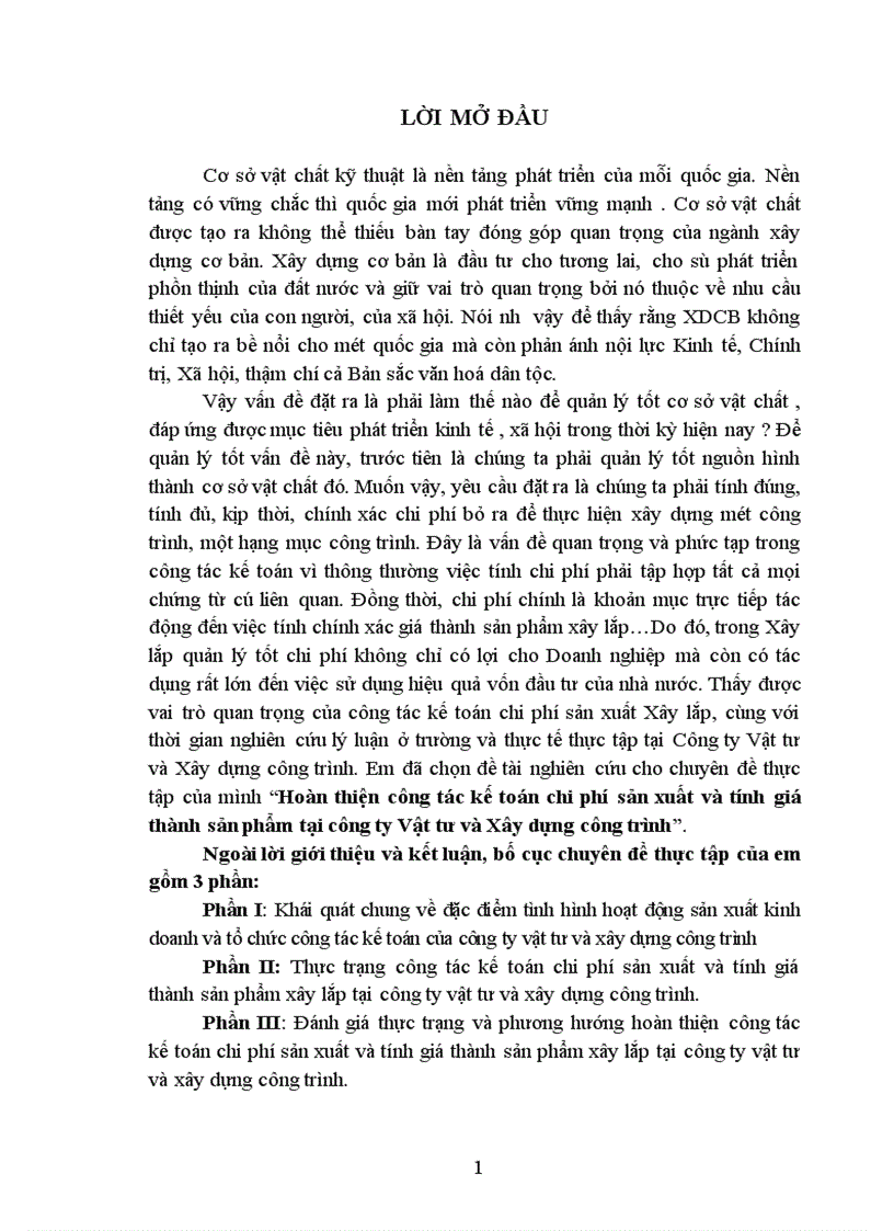 Hoàn thiện công tác kế toán chi phí sản xuất và tính giá thành sản phẩm tại công ty Vật tư và Xây dựng công trình 1