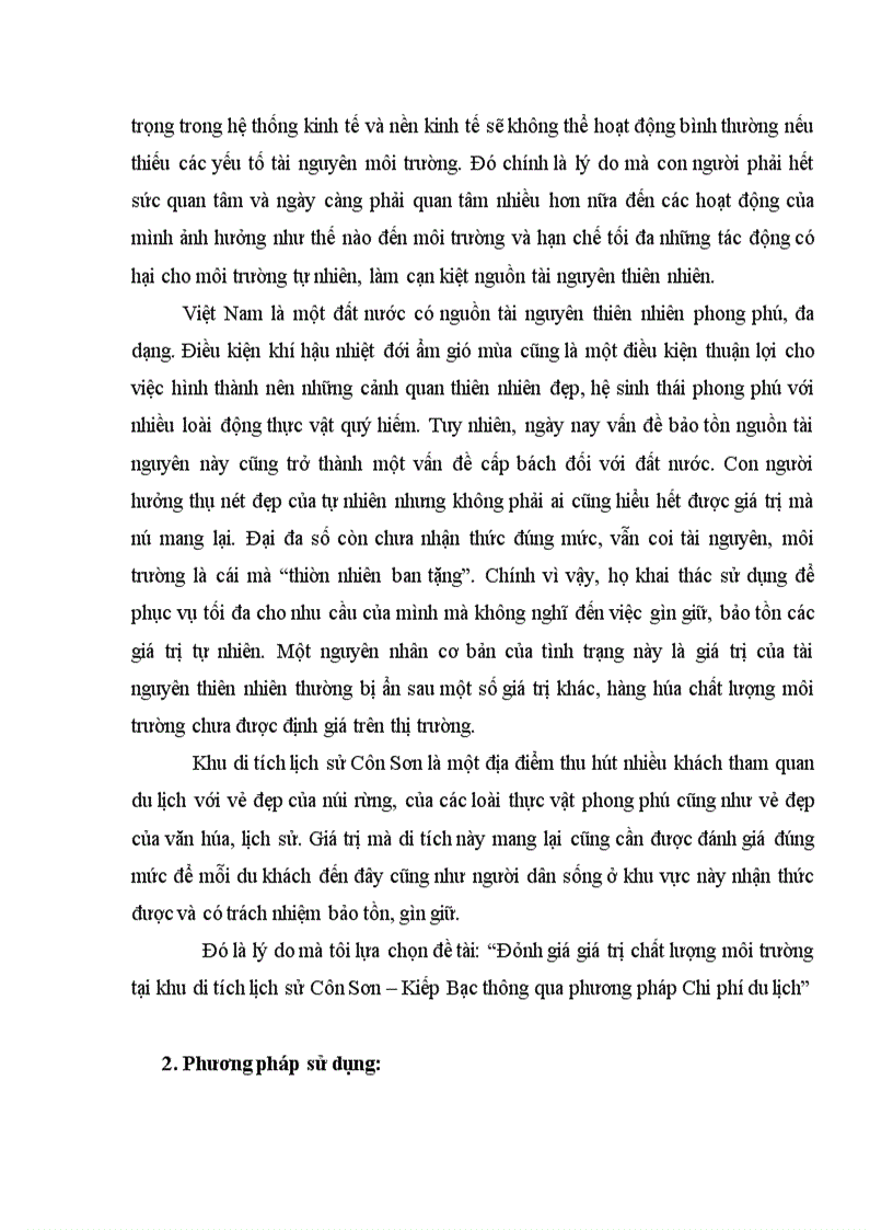 Đánh giá giá trị chất lượng môi trường tại khu di tích lịch sử Côn Sơn Kiếp Bạc thông qua phương pháp Chi phí du lịch 1