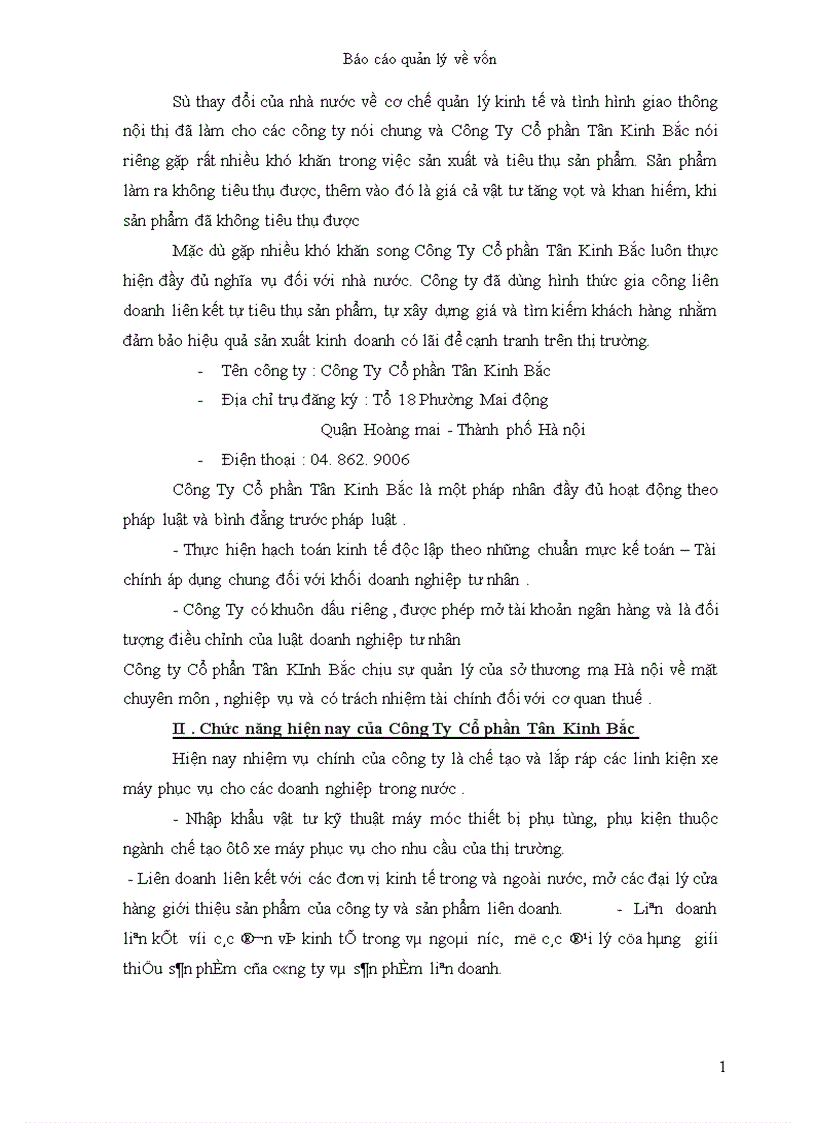 Thực trạng Quản lý và hiệu quả sử dụng vốn của Công Ty Cổ phần Tân Kinh Bắc