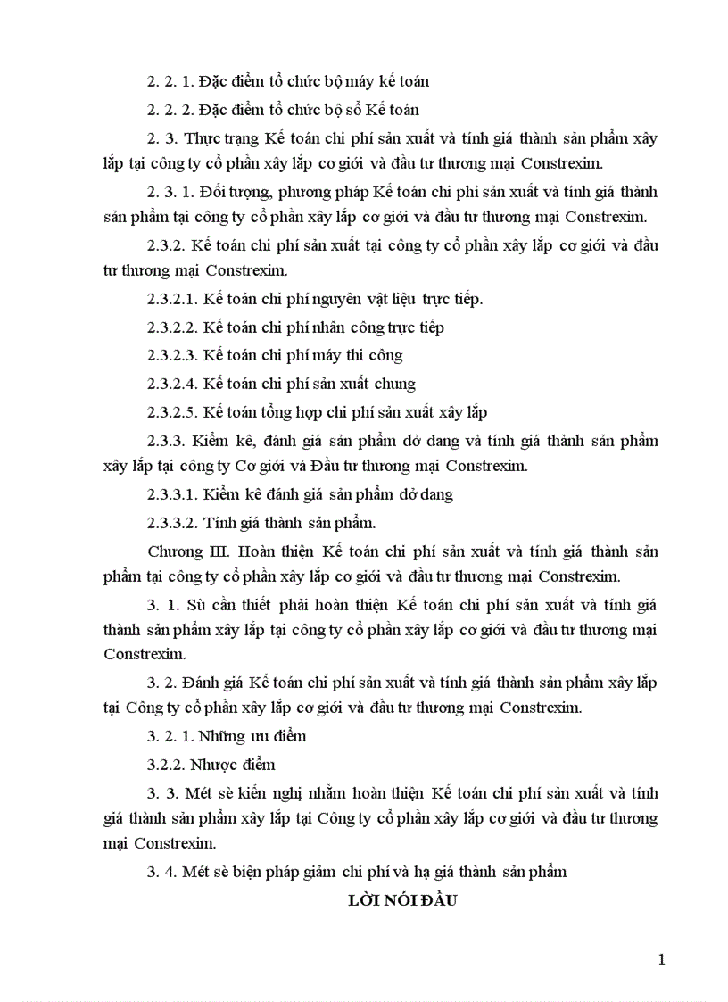 Hoàn thiện kế toán chi phí sản xuất và tính giá thành sản phẩm xây lắp tại Công ty Cổ phần xây lắp cơ giới và đầu tư thương mại Constrexim 1