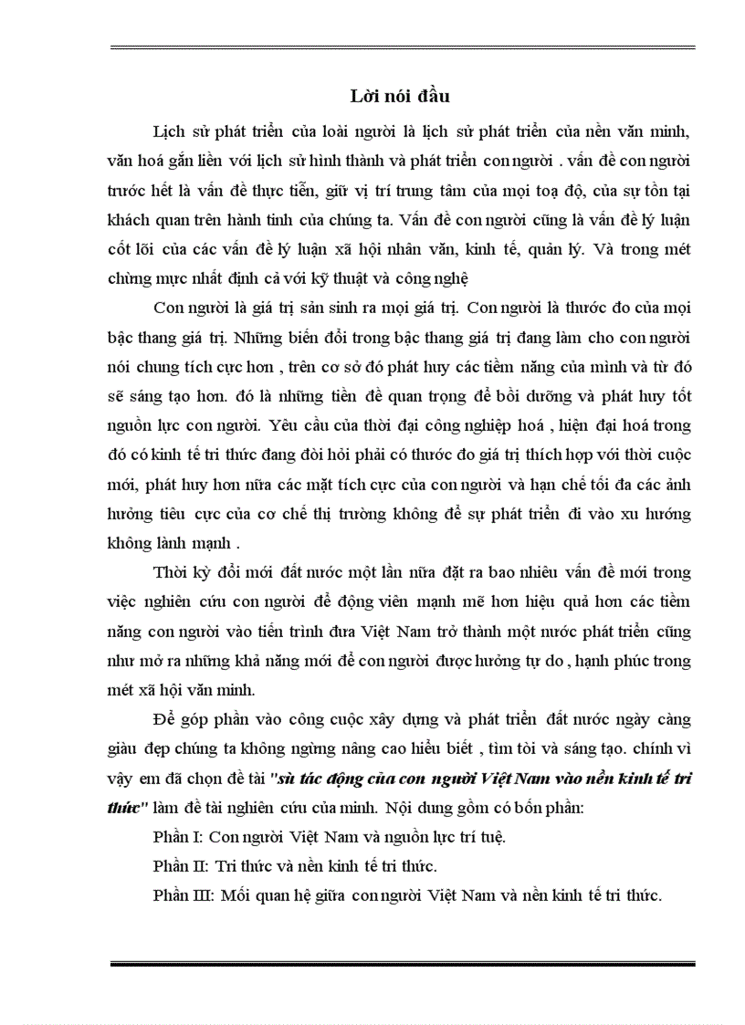 sự tác động của con người Việt Nam vào nền kinh tế tri thức