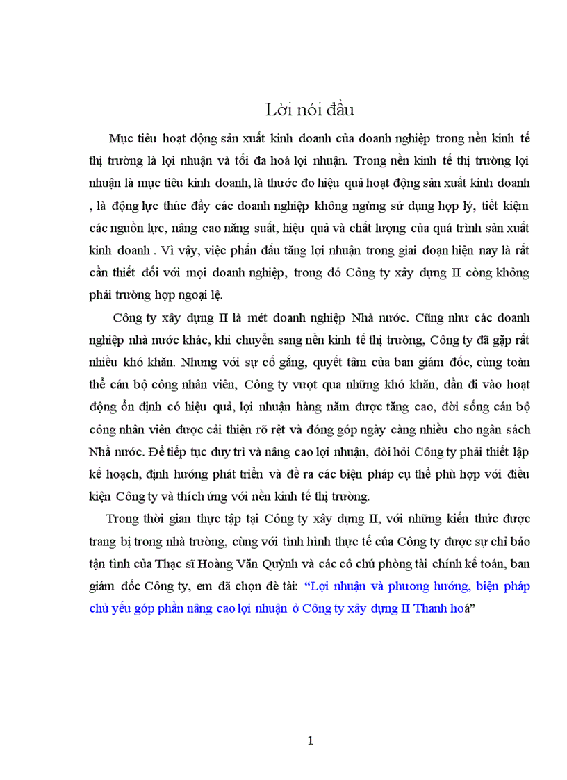 Lợi nhuận và phương hướng biện pháp chủ yếu góp phần nâng cao lợi nhuận ở Công ty xây dựng II Thanh hoá 1