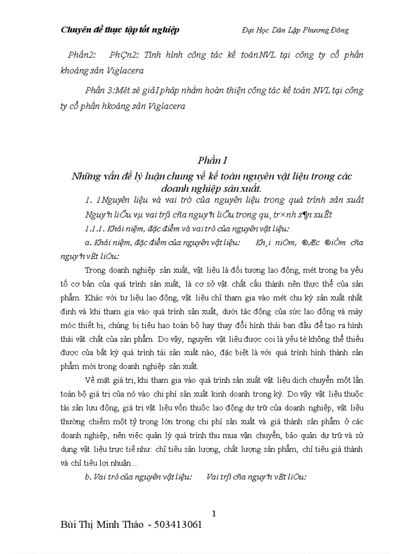 Kế toán nguyên vật liệu tại Công ty cổ phần khoáng sản viglacera 1