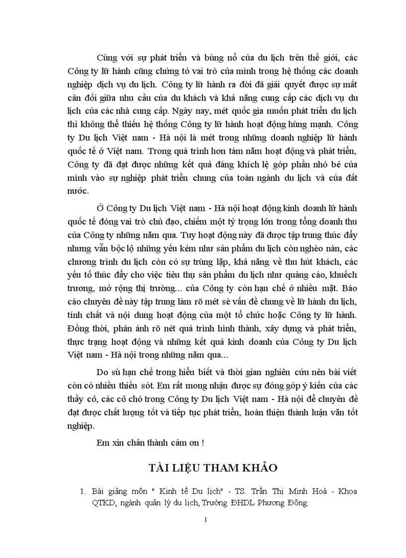 image for page Một số vấn đề về lữ hành du lịch và tình hình kinh doanh lữ hành quốc tế ở Công ty Du lịch Việt nam Hà nội 1