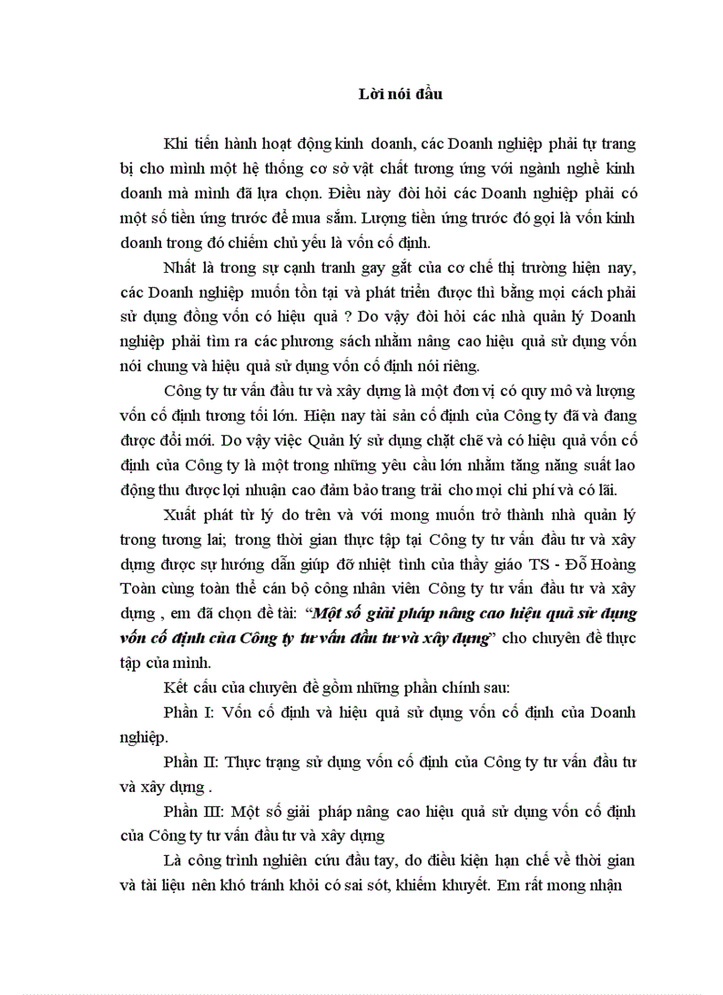 Một số giải pháp nâng cao hiệu quả sử dụng vốn cố định của Công ty tư vấn đầu tư và xây dựng 1