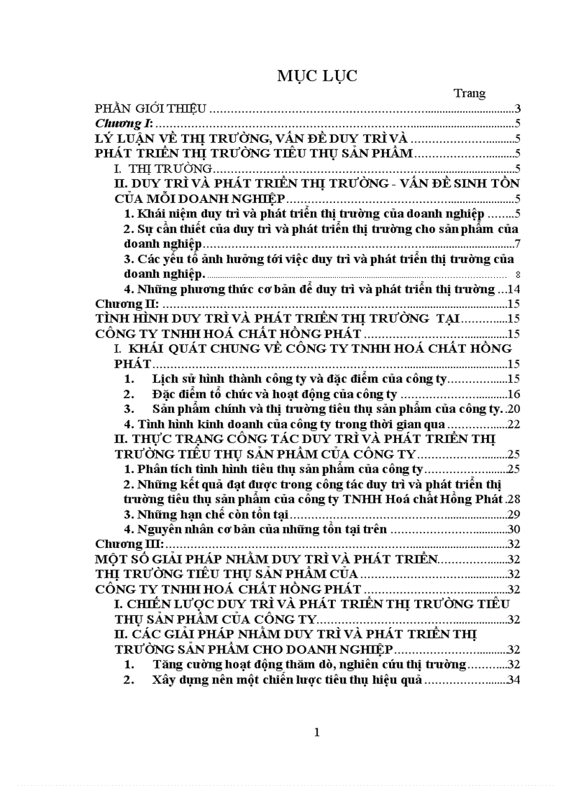 Một số giải pháp nhằm duy trì và phát triển thị trường tiêu thụ sản phẩm của công ty TNHH Hoá chất Hồng Phát