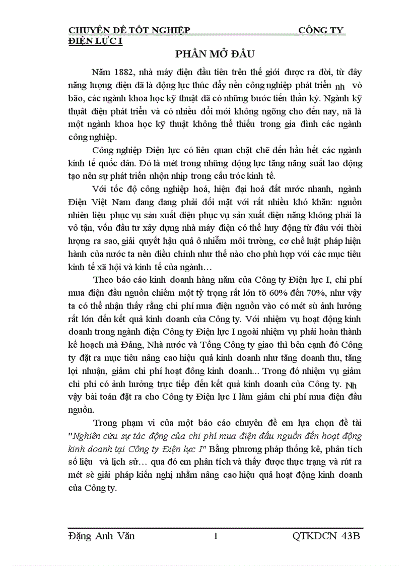 Nghiên cứu sự tác động của chi phí mua điện đầu nguồn đến hoạt động kinh doanh tại Công ty Điện lực I