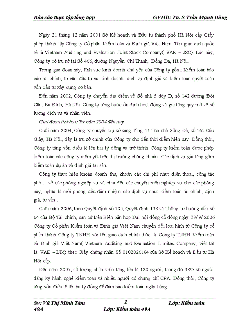 Báo cáo thực tập tại Công ty TNHH Kiểm toán và Định giá Việt Nam