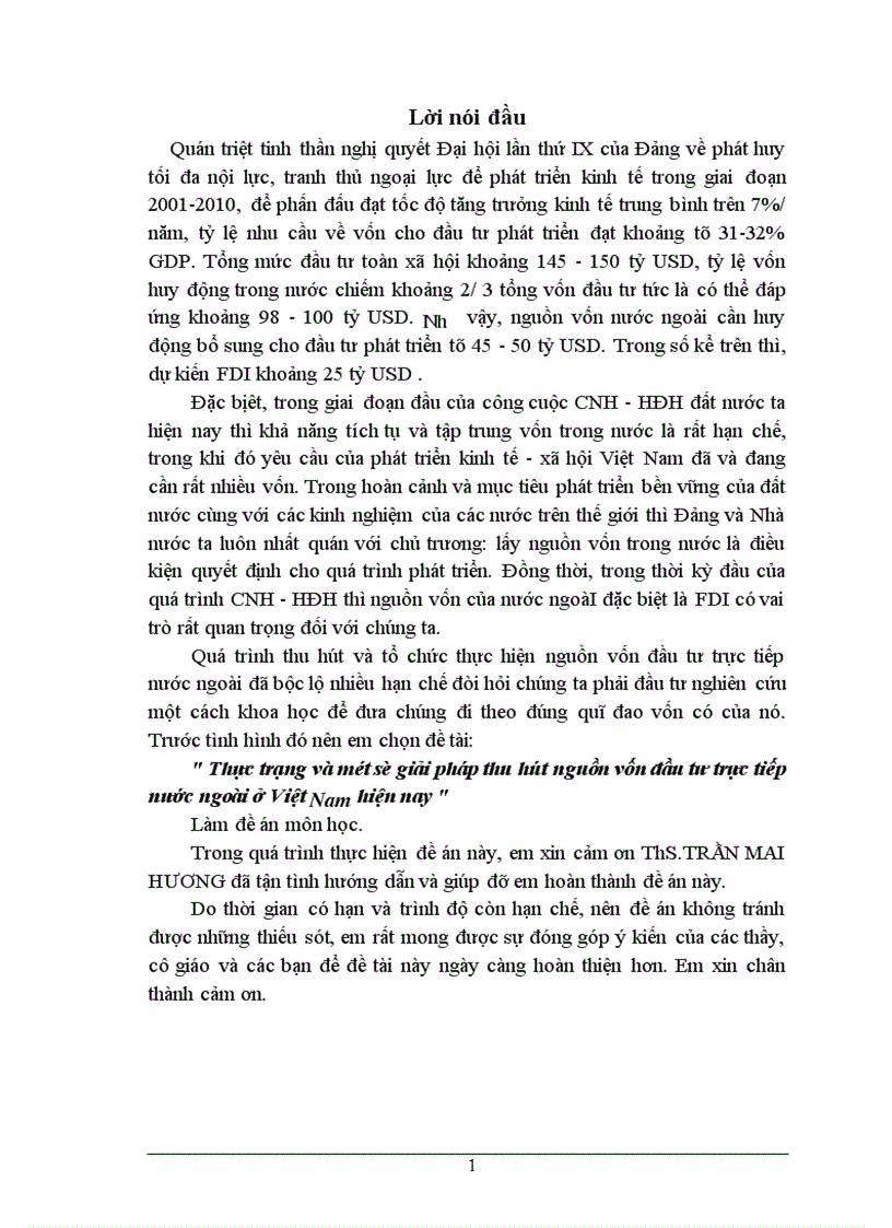 Thực trạng và một số giải pháp thu hút nguồn vốn đầu tư trực tiếp nước ngoài ở Việt Nam hiện nay 1