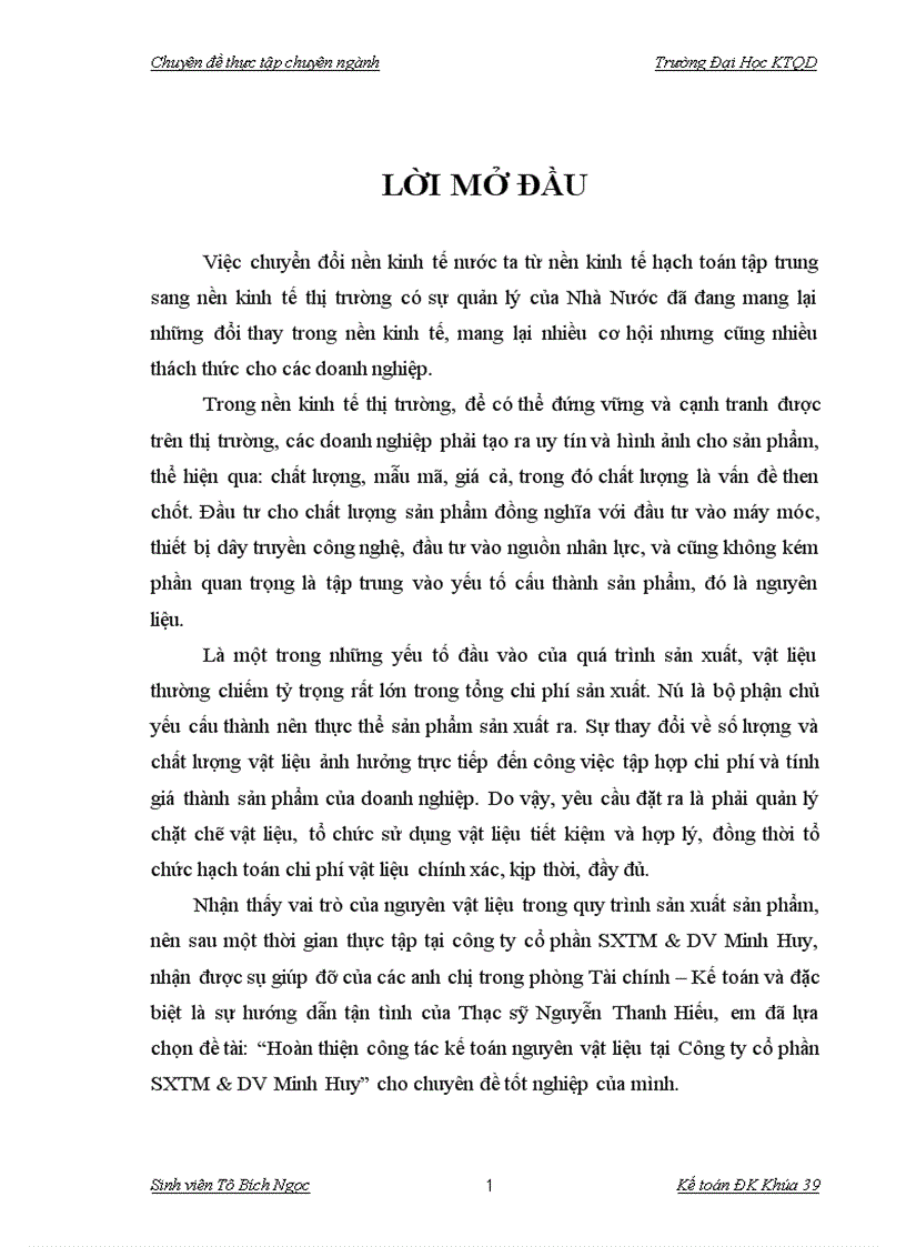 image for page Hoàn thiện công tác kế toán nguyên vật liệu tại Công ty cổ phần SXTM DV Minh Huy