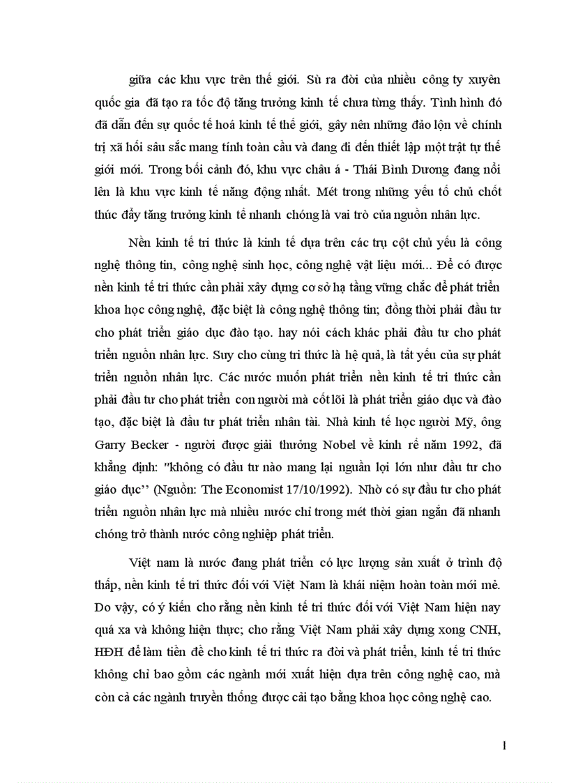 Sự phát triển nguồn nhân lực vai trò của nó với sự nghiệp CNH HĐH và với nền kinh tế tri thức ở nước ta 1
