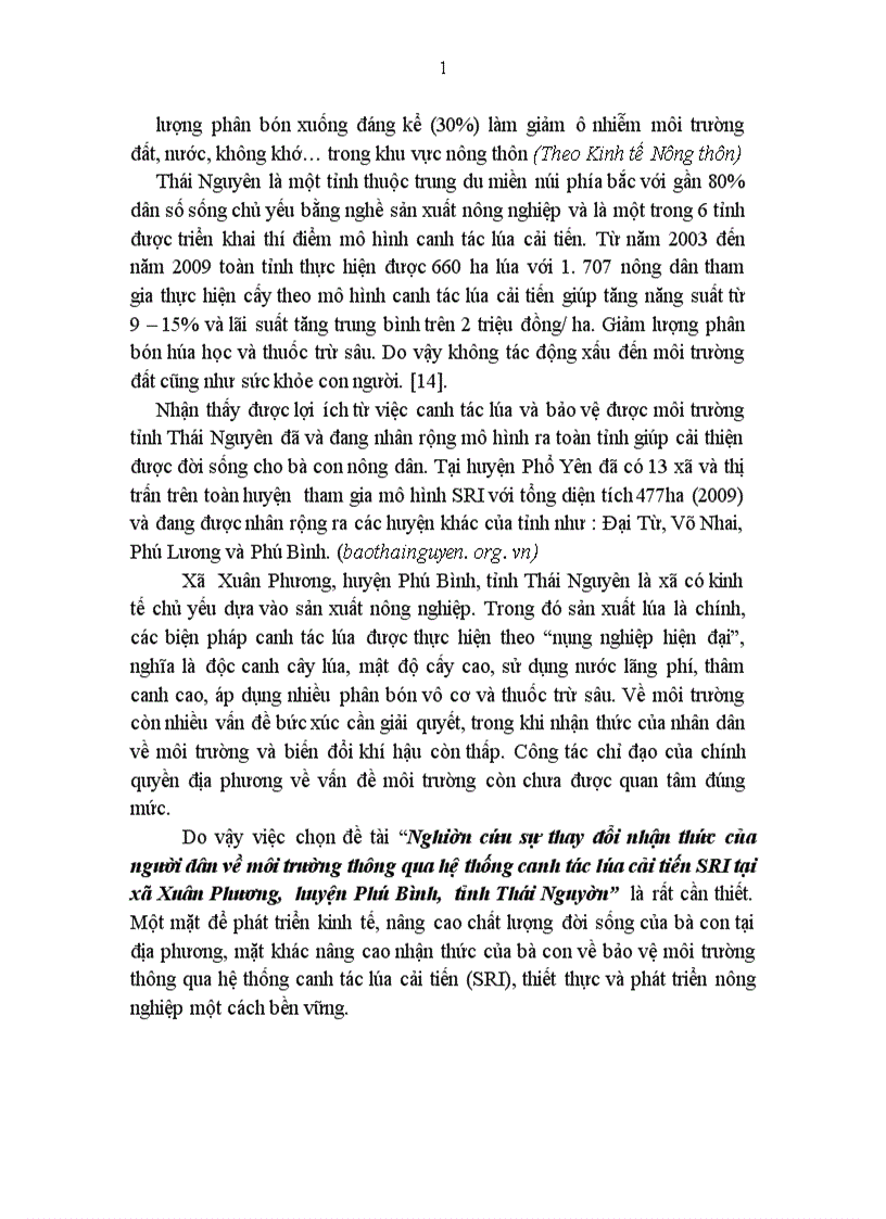 Nghiên cứu sự thay đổi nhận thức của người dân về môi trường thông qua hệ thống canh tác lúa cải tiến SRI tại xã Xuân Phương huyện Phú Bình tỉnh Thái Nguyên