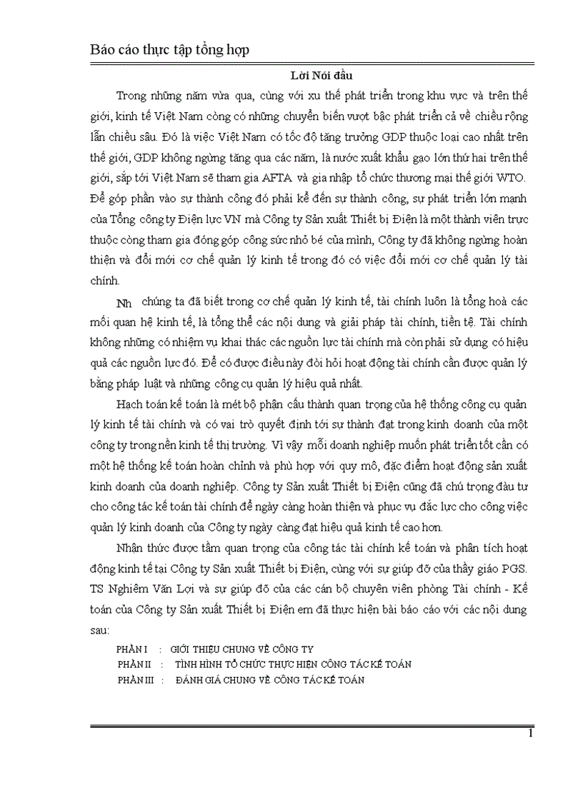 Báo cáo thực tập tổng hợp tại Công ty Sản xuất Thiết bị Điện