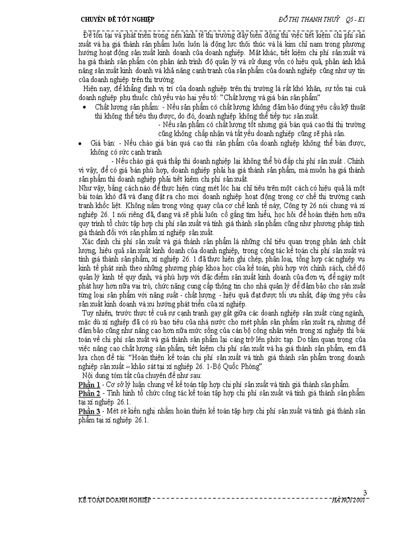 Hoàn thiện kế toán chi phí sản xuất và tính giá thành sản phẩm trong doanh nghiệp sản xuất khảo sát tại xí nghiệp 26 1 Bộ Quốc Phòng 1
