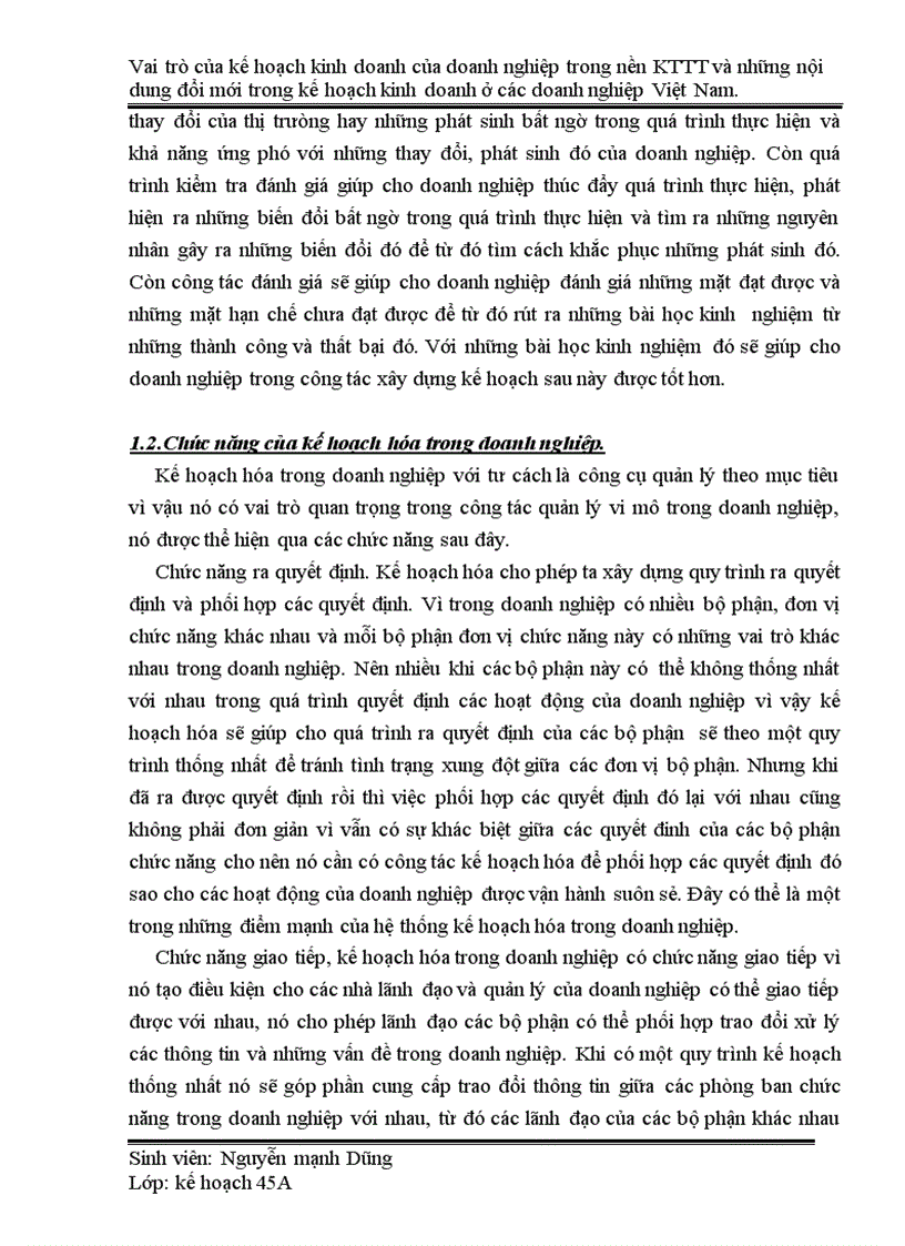 Vai trò của kế hoạch kinh doanh của doanh nghiệp trong nền KTTT và những nội dung đổi mới trong kế hoạch kinh doanh ở các doanh nghiệp Việt Nam 1