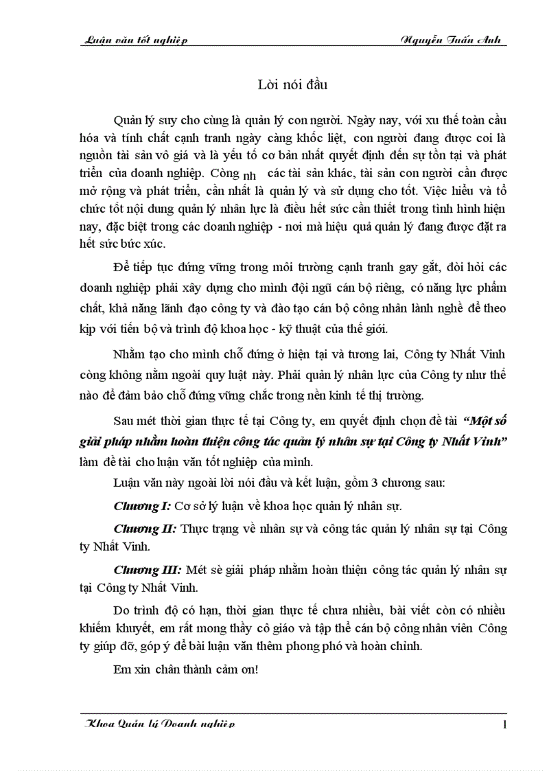 Một số giải pháp nhằm hoàn thiện công tác quản lý nhân sự tại Công ty Nhất Vinh 1