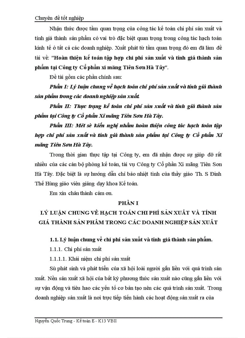 Hoàn thiện kế toán tập hợp chi phí sản xuất và tính giá thành sản phẩm tại công ty cổ phần xi măng tiên sơn Hà Tây 1