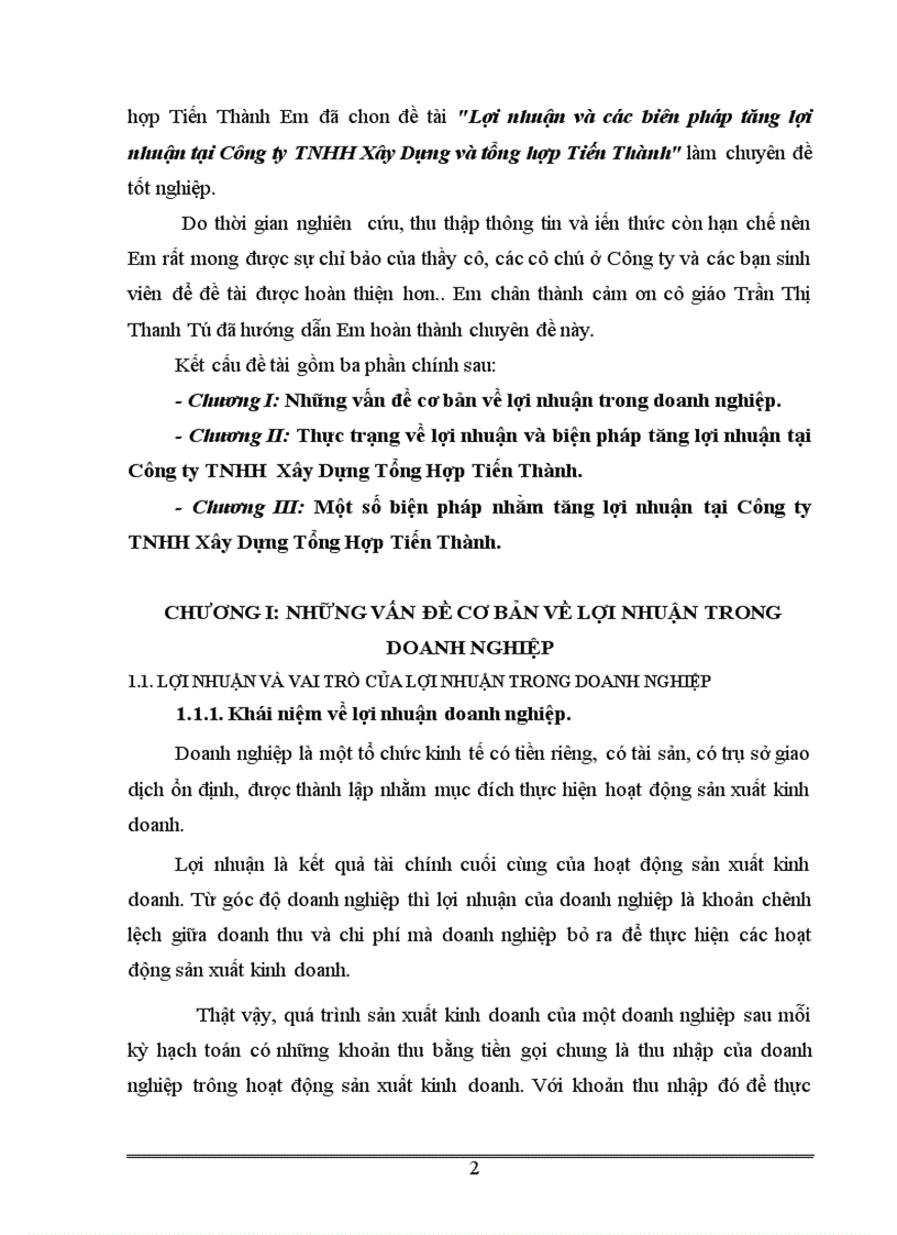image for page Lợi nhuận và các biên pháp tăng lợi nhuận tại Công ty TNHH Xây Dựng và tổng hợp Tiến Thành 1