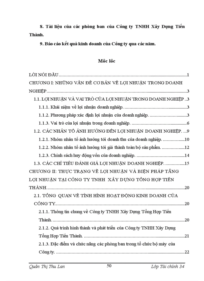 image for page Lợi nhuận và các biên pháp tăng lợi nhuận tại Công ty TNHH Xây Dựng và tổng hợp Tiến Thành 1