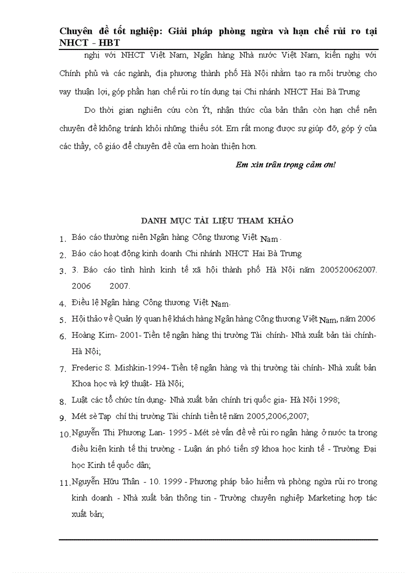 image for page Một số giải pháp phòng ngừa và hạn chế rủi ro tín dụng tại Ngân Hàng Công Thương Hai Bà Trưng