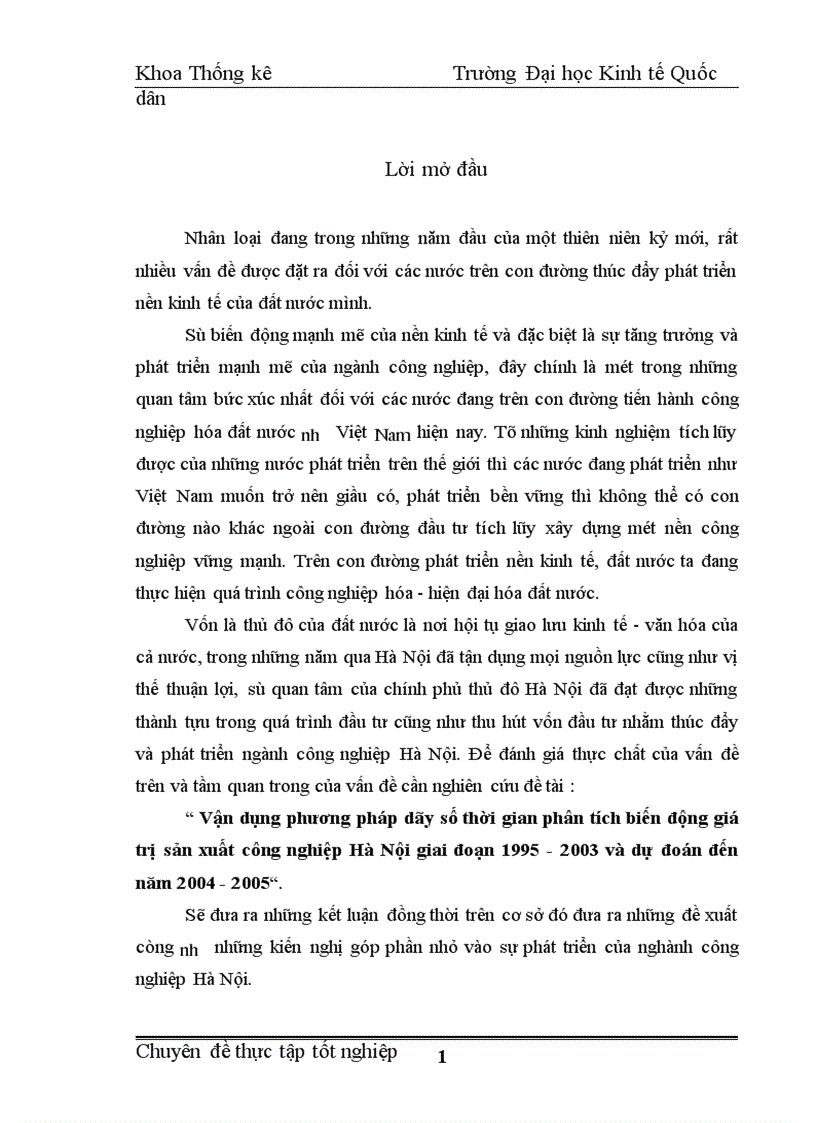Vận dụng phương pháp dãy số thời gian phân tích biến động giá trị sản xuất công nghiệp Hà Nội giai đoạn 1995 2003 và dự đoán đến năm 2004 2005 1
