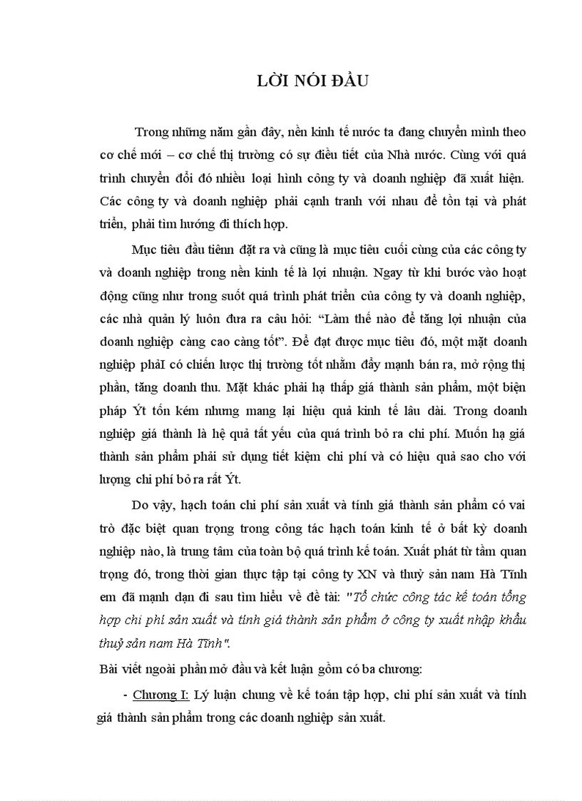 Tổ chức công tác kế toán tổng hợp chi phí sản xuất và tính giá thành sản phẩm ở công ty xuất nhập khẩu thuỷ sản nam Hà Tĩnh 1