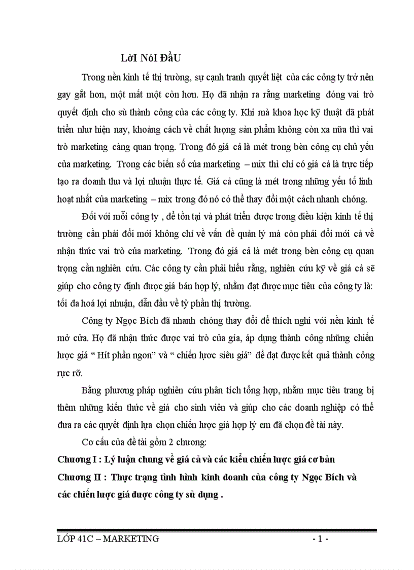 Thực trạng tình hình kinh doanh của công ty Ngọc Bích và các chiến lược giá được công ty sử dụng 1