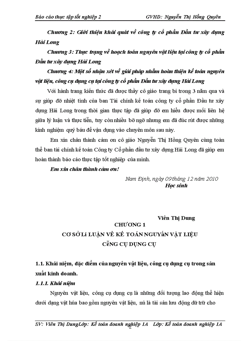 Hoàn thiện kế toán Nguyên vật liệu công cụ dụng cụ tại công ty cổ phần Đầu tư xây dựng Hải Long