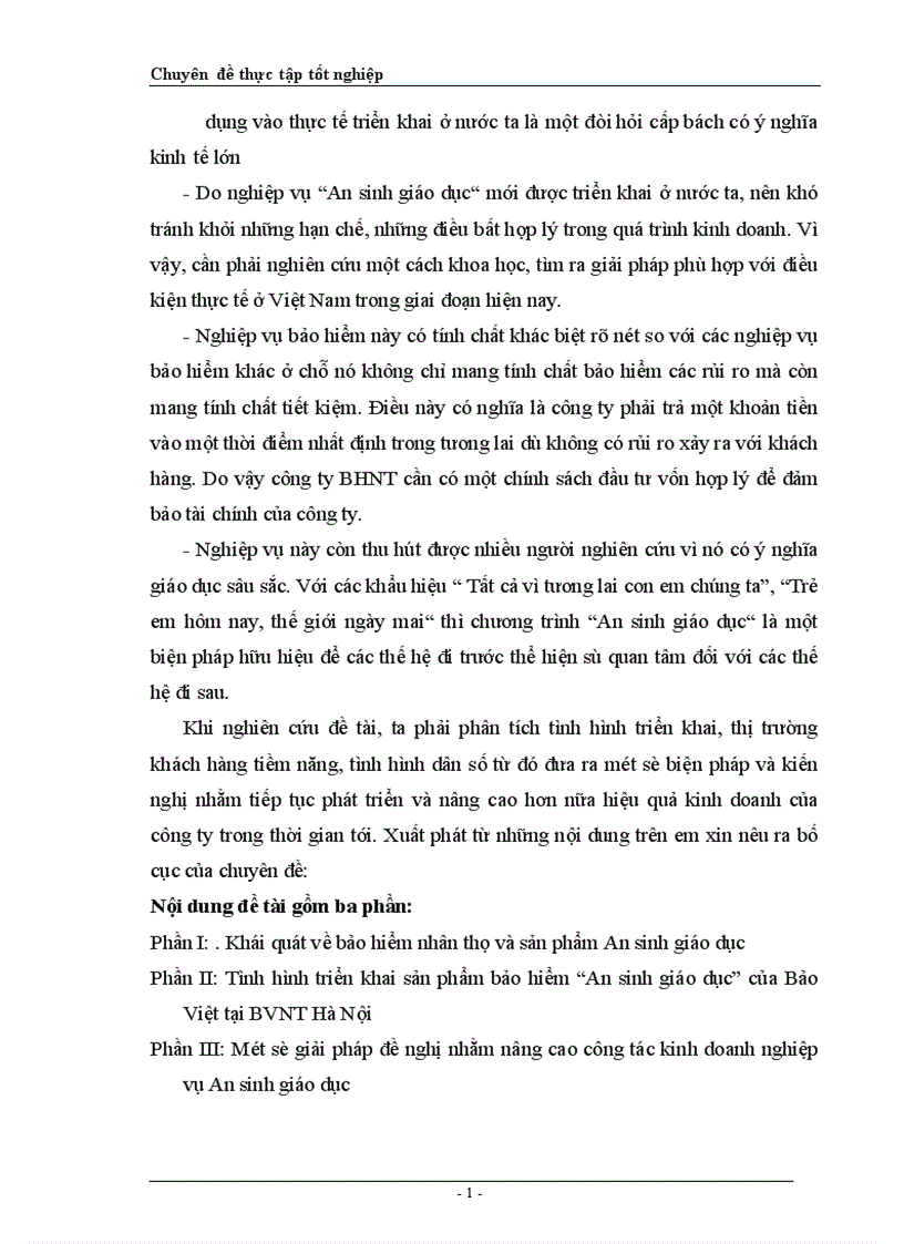 An sinh giáo dục Thực trạng và một số biện pháp phát triển nghiệp vụ này ở công ty Bảo Việt Nhân thọ Hà Nội 1