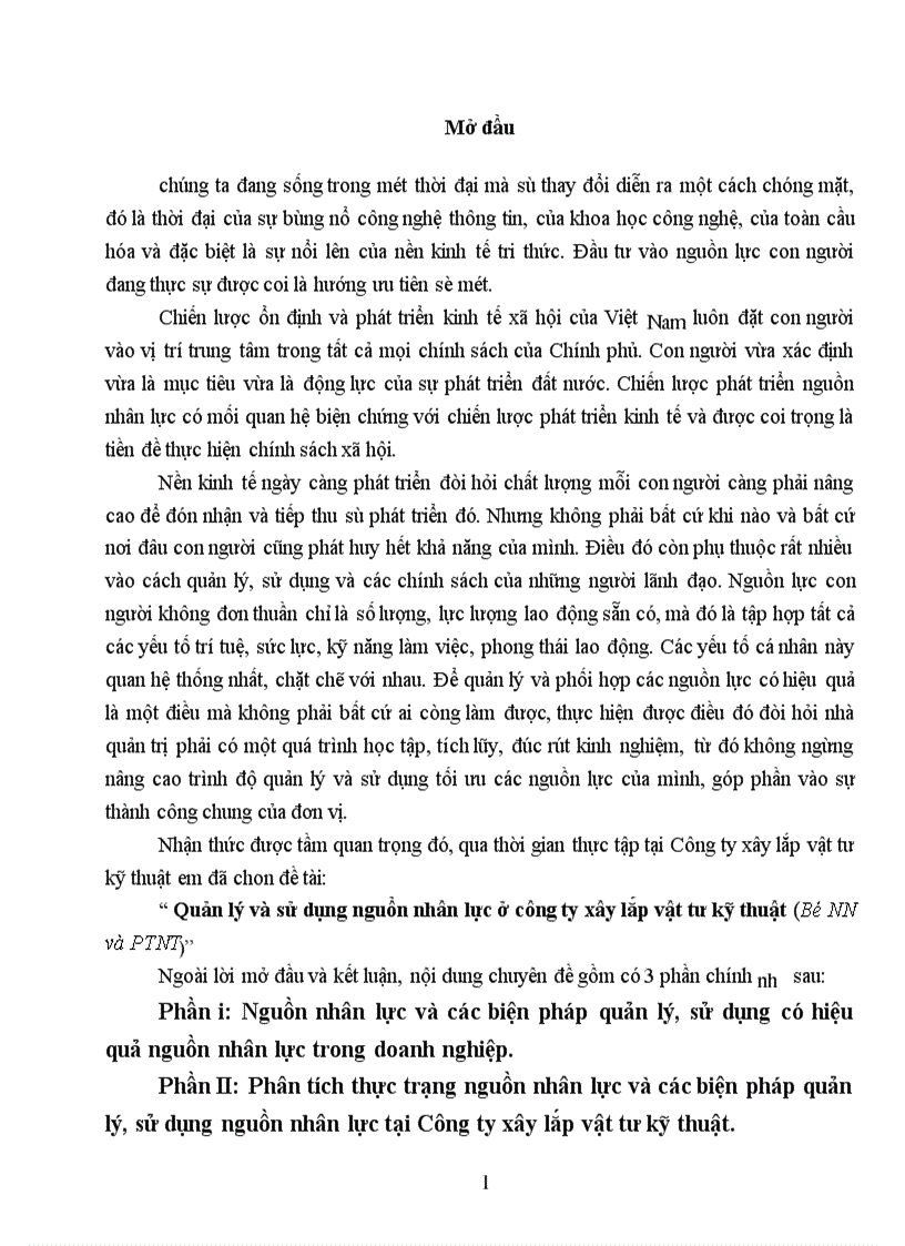 Quản lý và sử dụng nguồn nhân lực ở công ty xây lắp vật tư kỹ thuật Bộ NN và PTNT 1