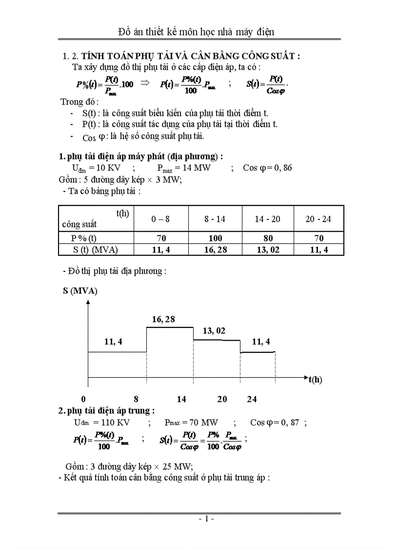 Thiết kế môn học nhà máy điện 1