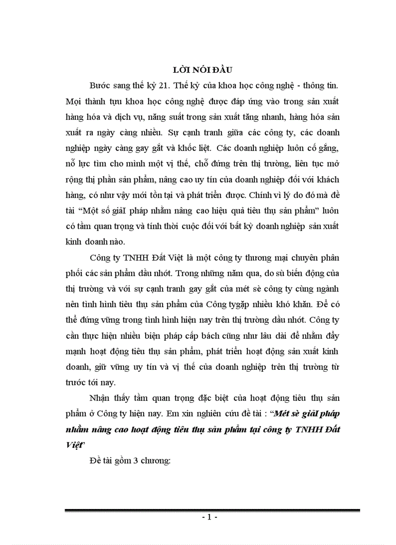Một số giảI pháp nhằm nâng cao hoạt động tiêu thụ sản phẩm tại công ty TNHH Đất Việt 1