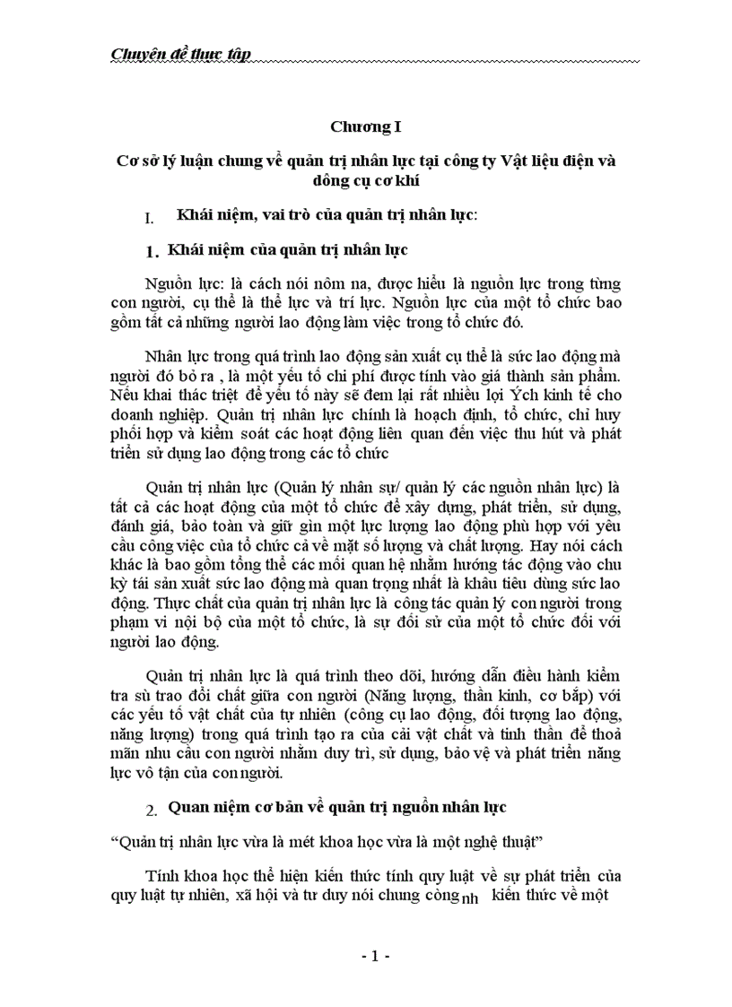 Một số vấn đề về công tác quản trị nhân lực tại Công ty Vật liệu điện và dụng cụ cơ khí 1