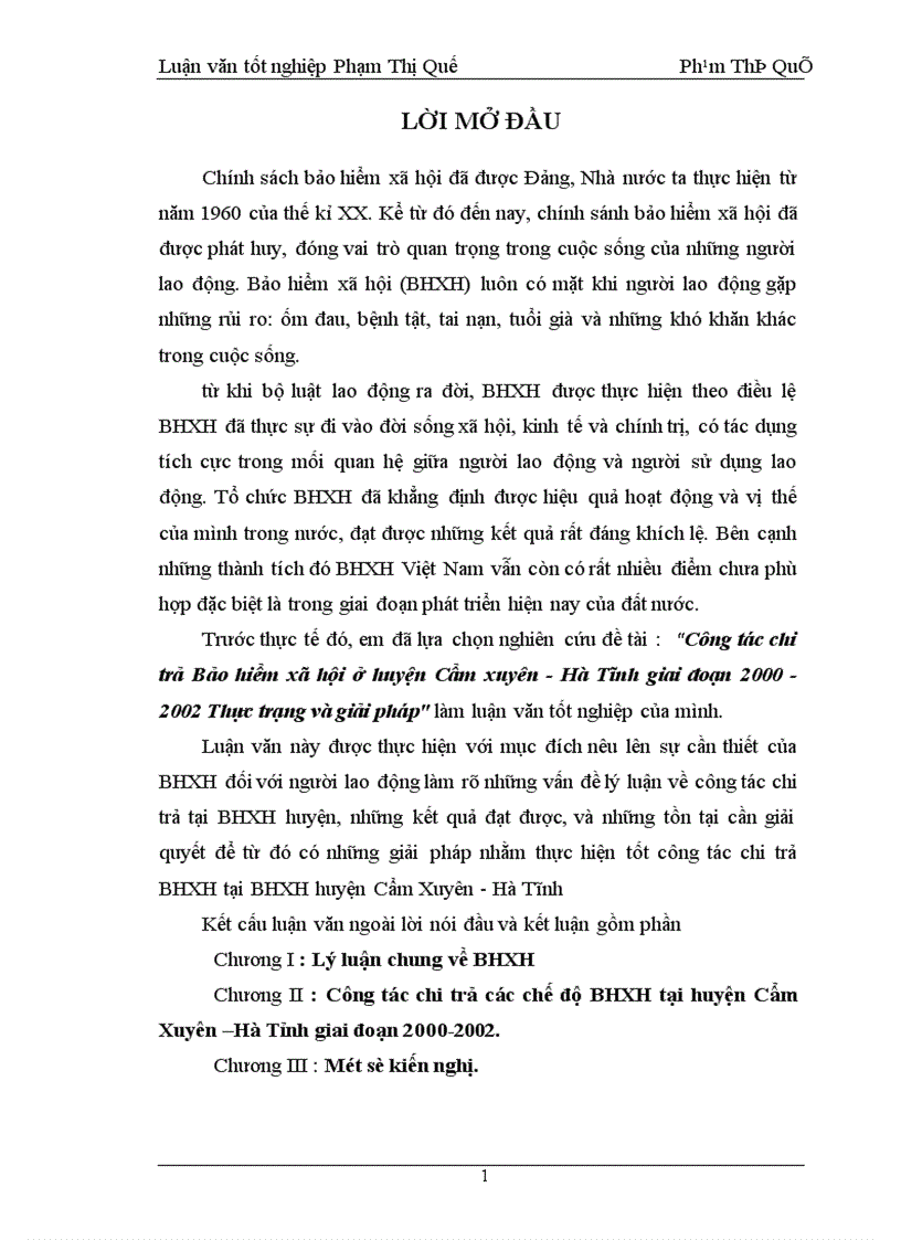Công tác chi trả Bảo hiểm xã hội ở huyện Cẩm xuyên Hà Tĩnh giai đoạn 2000 2002 Thực trạng và giải pháp