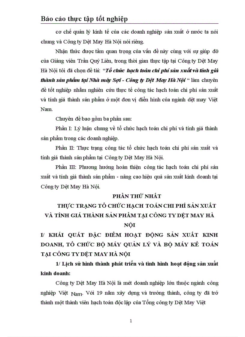 image for page Tổ chức hạch toán chi phí sản xuất và tính giá thành sản phẩm tại Nhà máy Sợi Công ty Dệt May Hà Nội