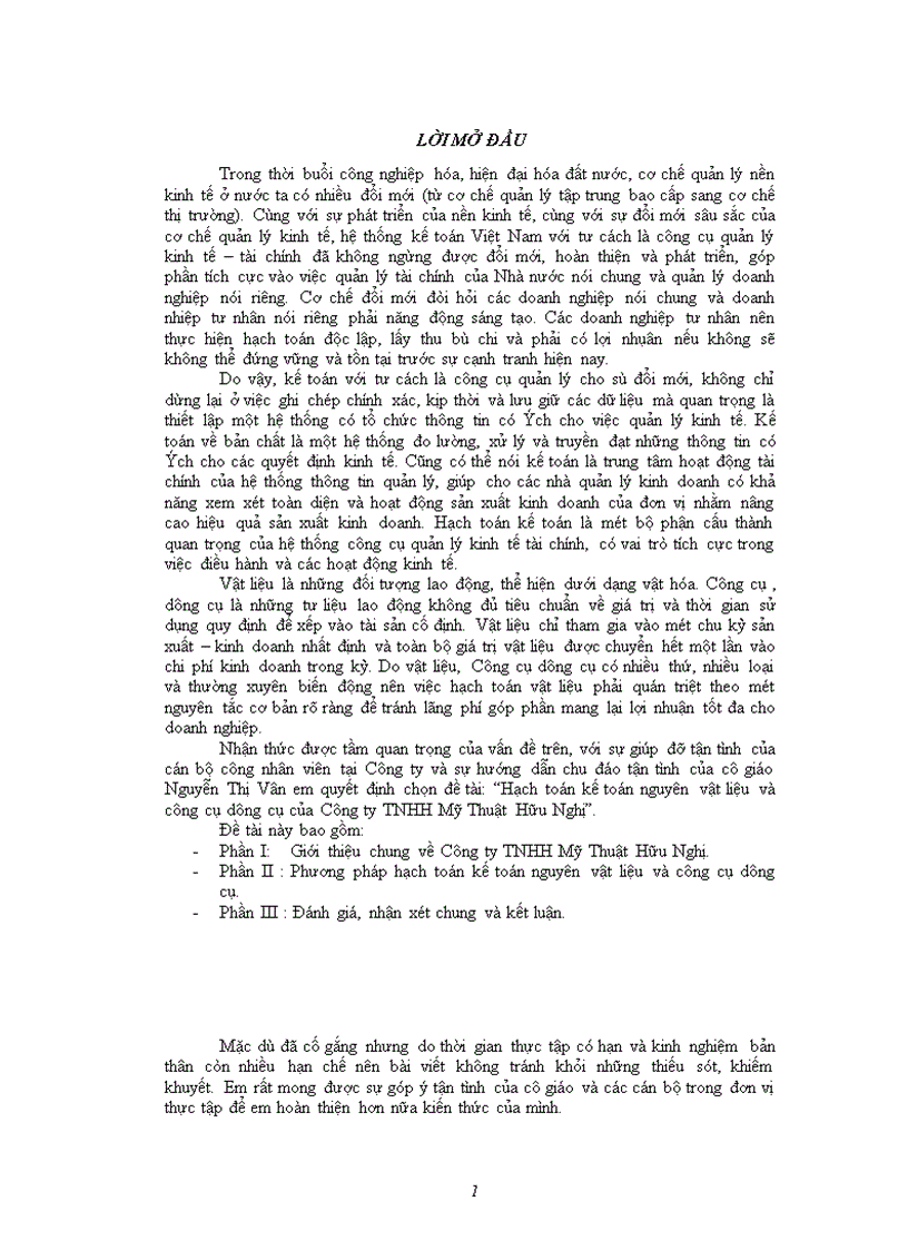 Hạch toán kế toán nguyên vật liệu và công cụ dụng cụ của Công ty TNHH Mỹ Thuật Hữu Nghị 1
