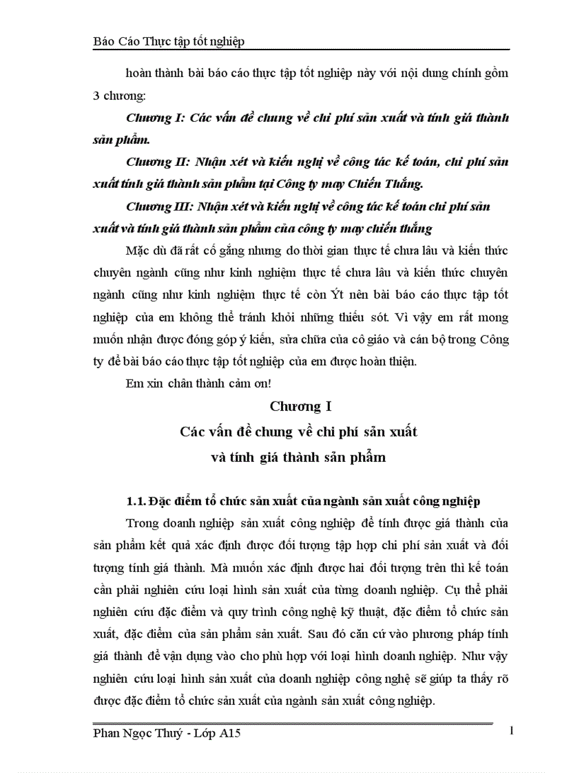 Kế toán chi phí sản xuất và tính giá thành sản phẩm tại Công ty may Chiến Thắng 1