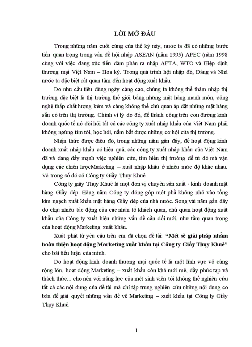 Một số giải pháp nhằm hoàn thiện hoạt động Marketing xuất khẩu tại Công ty Giầy Thụy Khuê 1