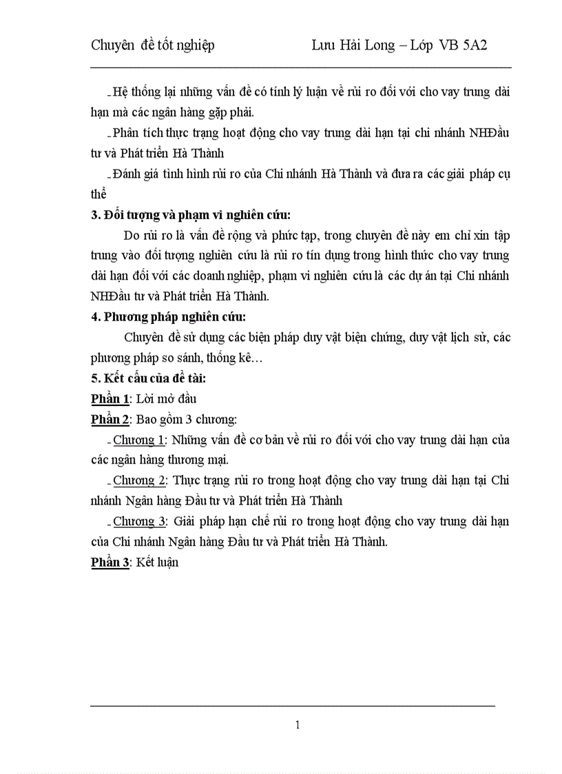 Giải pháp phòng ngừa rủi ro trong hoạt động cho vay trung và dài hạn tại Chi nhánh Ngân hàng đầu tư và phát triển Hà Thành 1