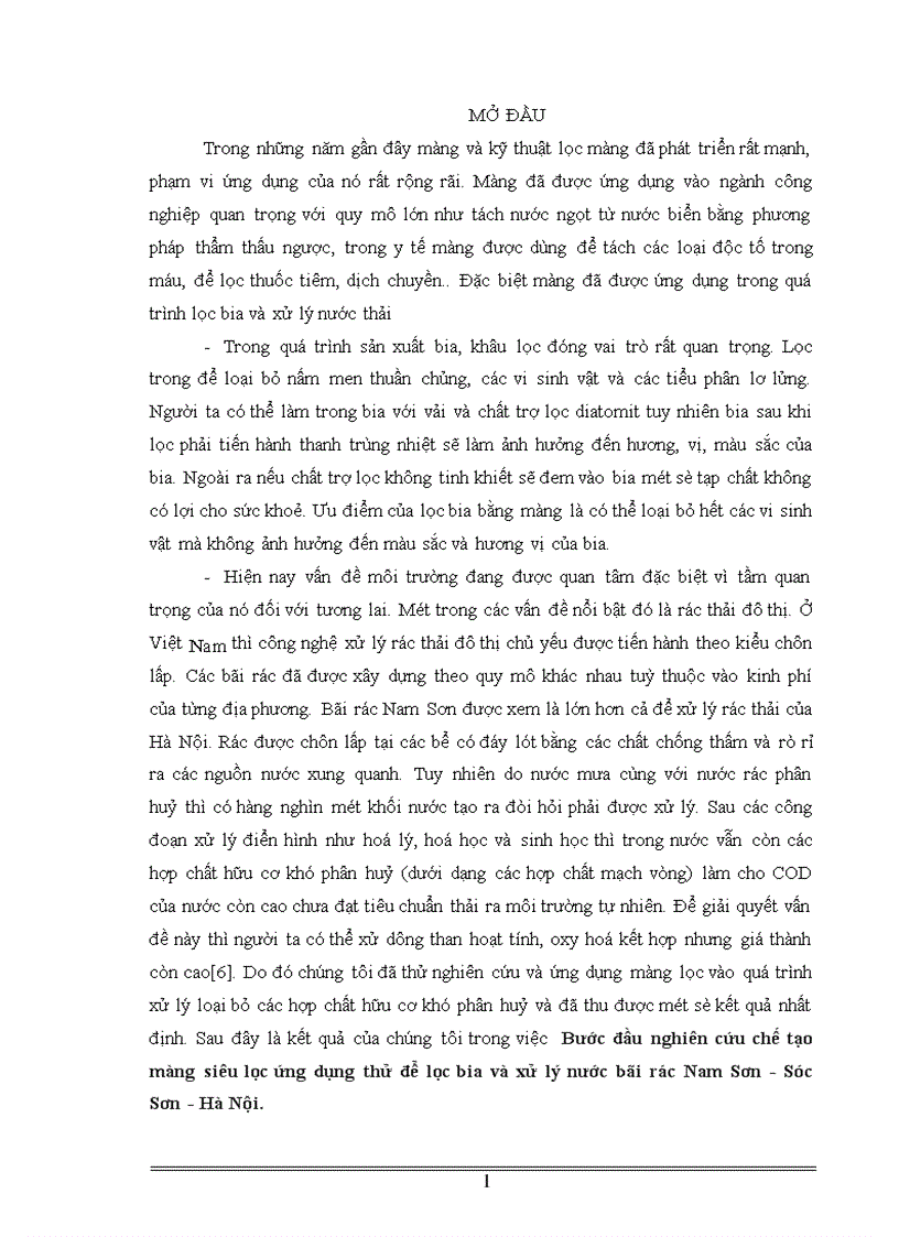 image for page Bước đầu nghiên cứu chế tạo màng siêu lọc ứng dụng thử để lọc bia và xử lý nước bãi rác Nam Sơn Sóc Sơn Hà Nội