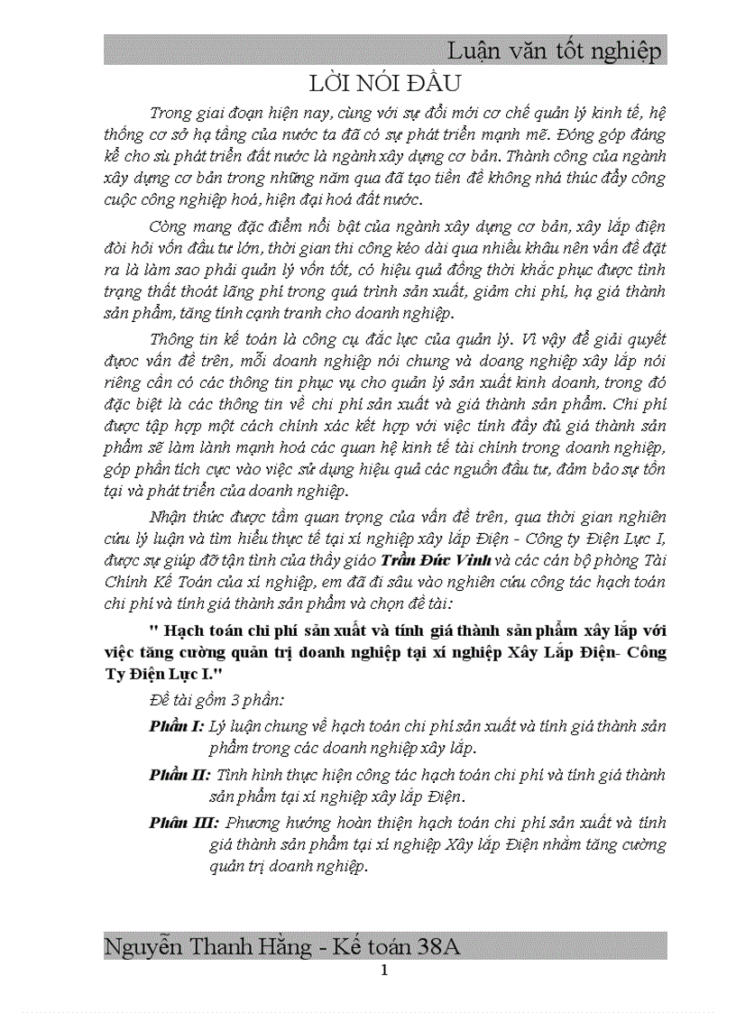 Hạch toán chi phí sản xuất và tính giá thành sản phẩm xây lắp với việc tăng cường quản trị doanh nghiệp tại xí nghiệp Xây Lắp Điện Công Ty Điện Lực I 1