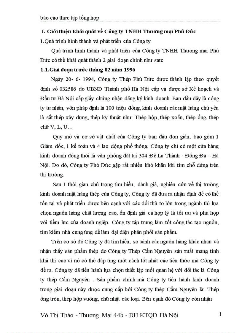 Báo cáo thực tập tổng hợp tại Công ty TNHH Thương mại Phú Đức