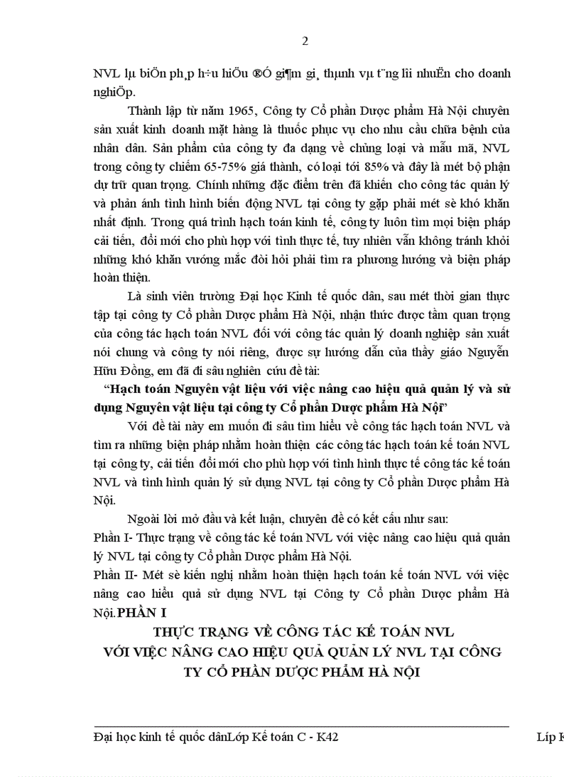 Hạch toán Nguyên vật liệu với việc nâng cao hiệu quả quản lý và sử dụng Nguyên vật liệu tại công ty Cổ phần Dược phẩm Hà Nội 1