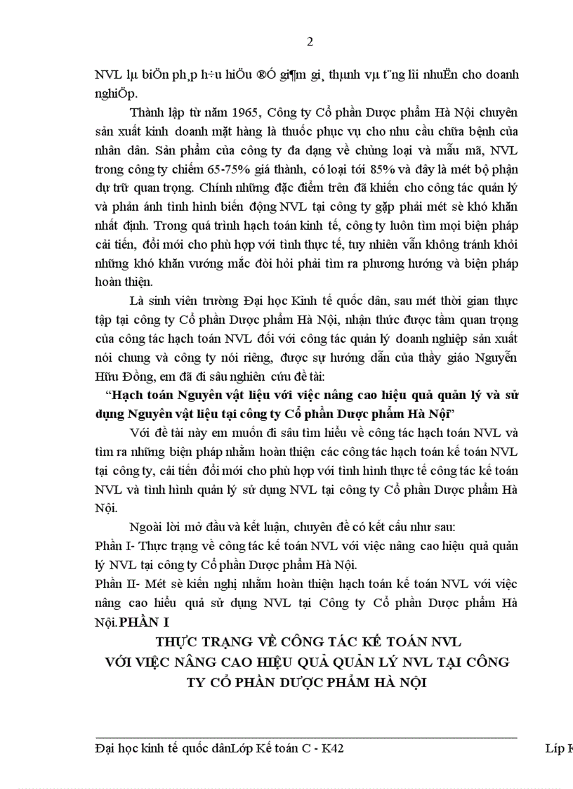 image for page Hạch toán Nguyên vật liệu với việc nâng cao hiệu quả quản lý và sử dụng Nguyên vật liệu tại công ty Cổ phần Dược phẩm Hà Nội 1