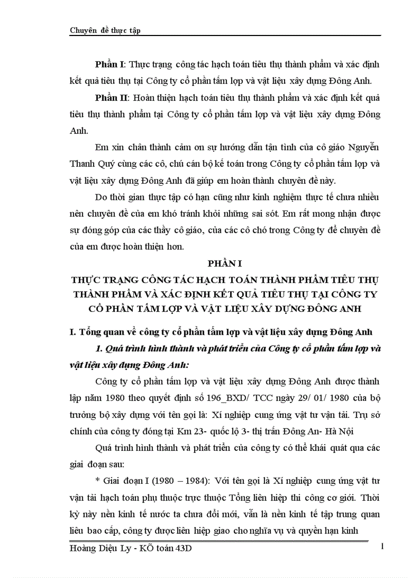 Tổ chức hạch toán thành phẩm tiêu thụ thành phẩm và xác định kết quả tiêu thụ tại Công ty cổ phần tấm lợp và vật liệu xây dựng Đông Anh 1