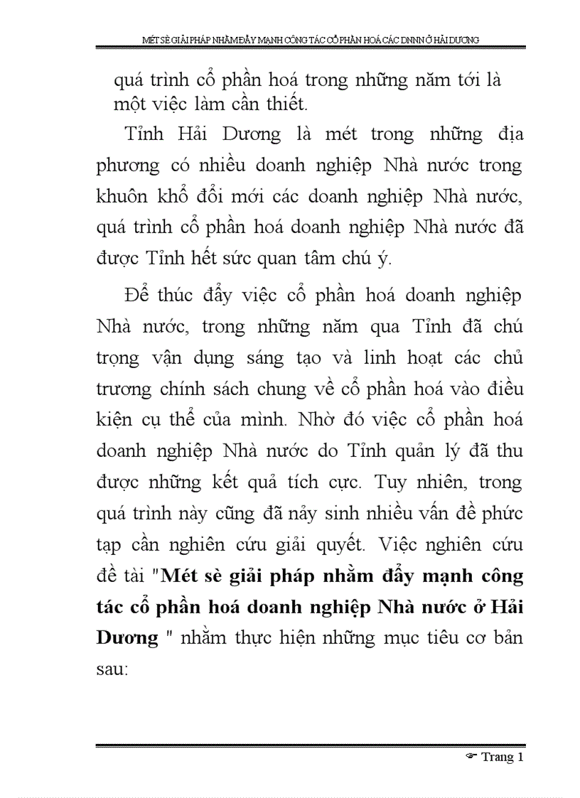 Một số giải pháp nhằm đẩy mạnh công tác cổ phần hoá doanh nghiệp Nhà nước ở Hải Dương