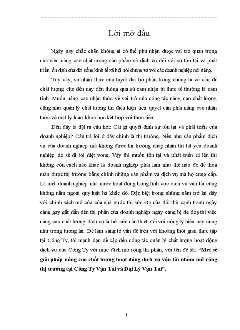 Một số giải pháp nâng cao chất lượng hoạt động dịch vụ vận tải nhằm mở rộng thị trường tại Công Ty Vận Tải và Đại Lý Vận Tải 1