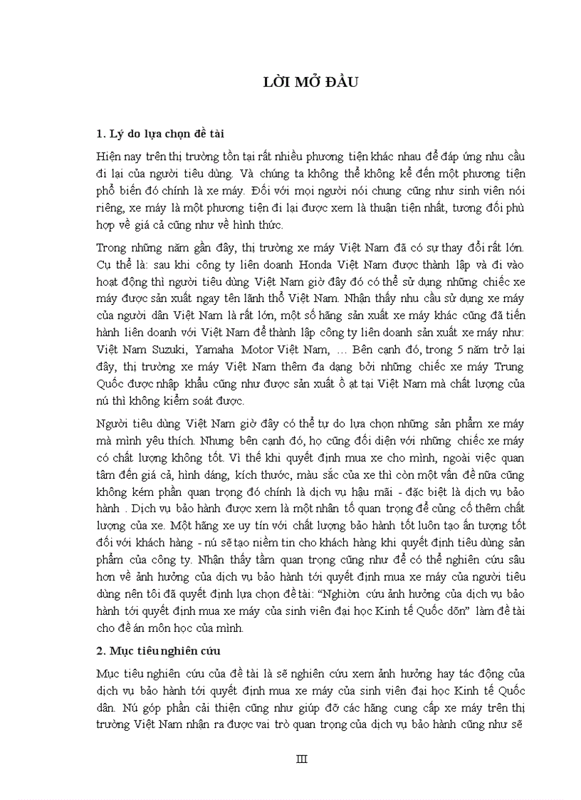 Nghiên cứu ảnh hưởng của dịch vụ bảo hành tới quyết định mua xe máy của sinh viên đại học Kinh tế Quốc dân 1