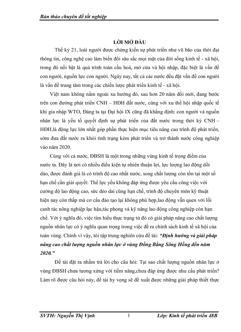 Định hướng và giải pháp nâng cao chất lượng nguồn nhân lực ở vùng Đồng Bằng Sông Hồng đến năm 2020 1